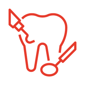 red icon of a tooth and dentistry instruments
