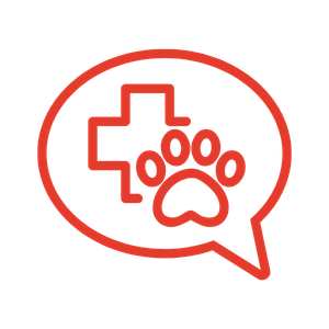 red icon of a speech bubble with a medical symbol and paw print