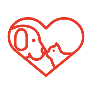 red icon of a heart with a puppy and kitten touching noses