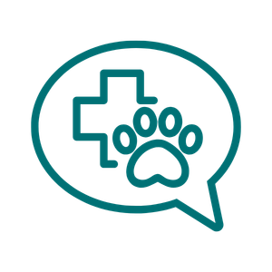 teal icon of a speech bubble with a medical symbol and paw print